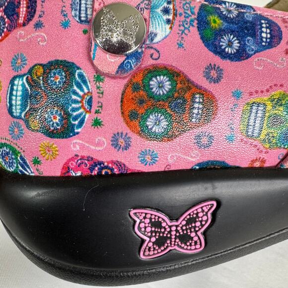 Alegria Keli Sugar Skulls Pink Nursing Clogs Día de los Muertos Shoes Size 38 - Picture 3 of 15